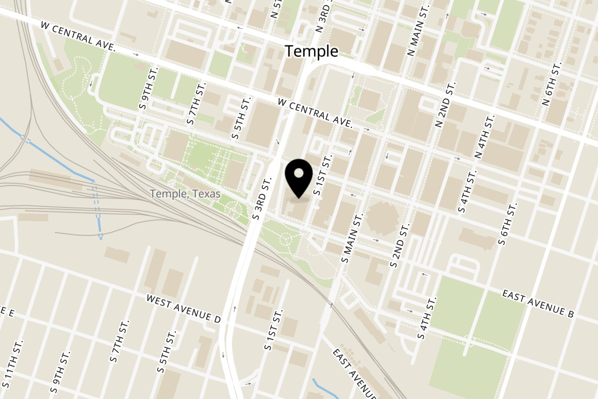 Map showing the location of Treno Pizzeria & Taproom on 112 S 1st St in Temple